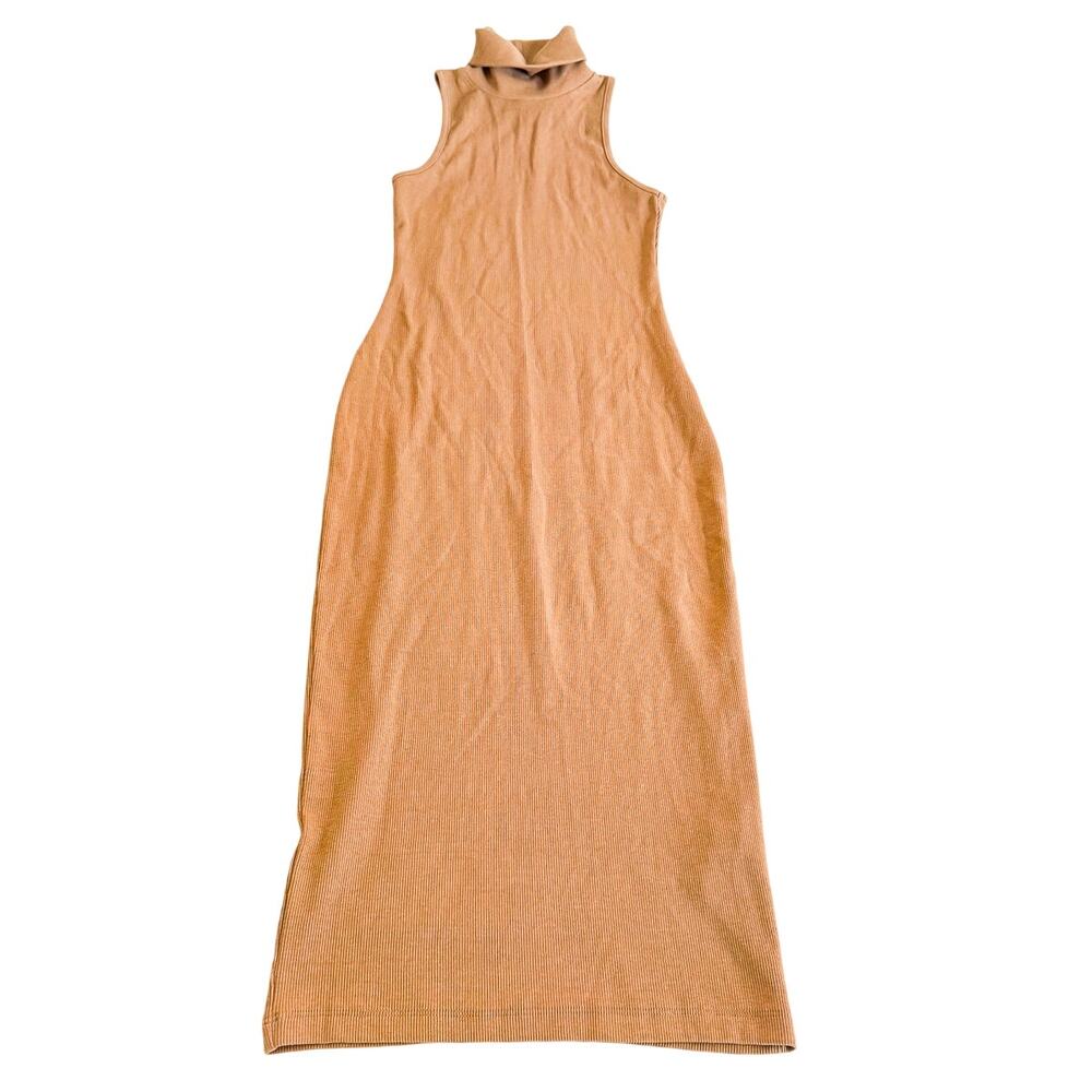 Zara Ribbed Nude Turtleneck Halter Dress Below Knee Size Small